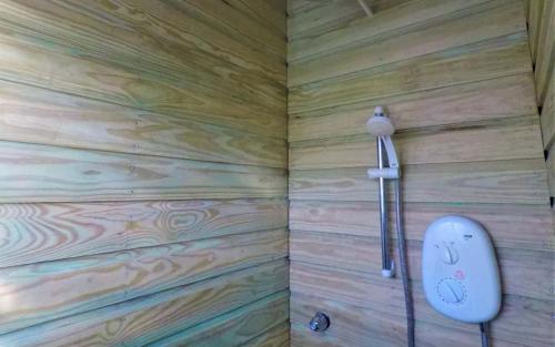 y baño con pared y cabezal de ducha. en Mango Lodge Villa, en Portsmouth