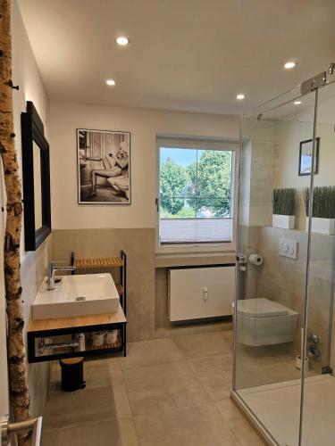 a bathroom with a sink and a shower at Ferienwohnung Messinger in Seebruck