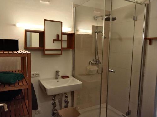 La salle de bains est pourvue d'un lavabo et d'une douche. dans l'établissement Liebevoll eingerichtete Wohnung, à Rankweil