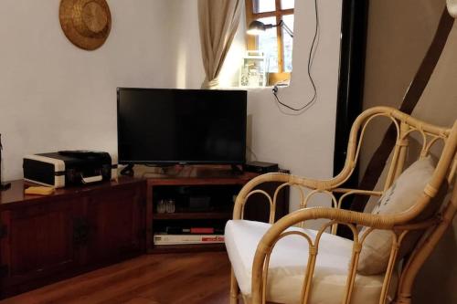 a living room with a flat screen tv and a chair at Maisonnette au pied du Mont Ventoux ste colombe in Bédoin