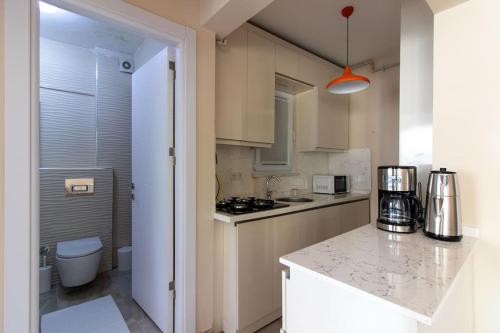 a kitchen with a counter and a sink and a counter top at Modern & Newly furnished 1BR Flat w/ Balcony & AC in Istanbul