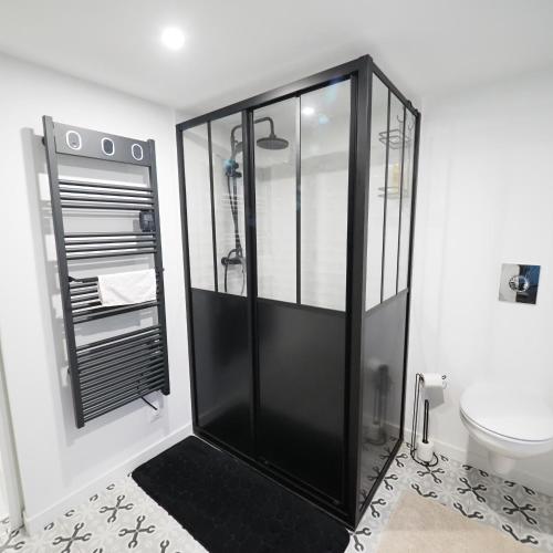 une salle de bain avec douche et toilettes dans l'établissement NOUVEAUTE 2024 Appartement Design avec jardin, à Bellerive-sur-Allier