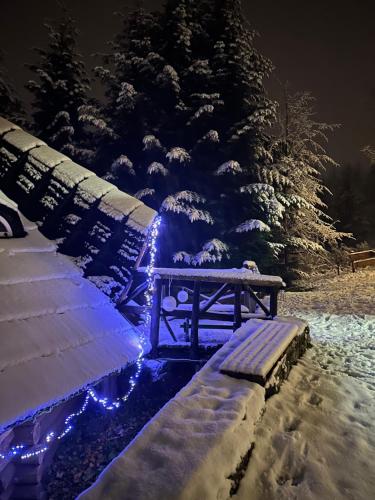 a bench with lights on it in the snow at Mała Bawaria in Zakopane