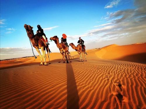 a group of people riding on camels in the desert at Aladdin merzouga camp in Merzouga