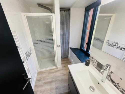 a bathroom with a sink and a mirror and a shower at Villa du Parc Le Pin in Formiguères