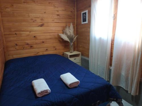 a bedroom with a blue bed with two towels on it at Cabaña Cachi in Cachí