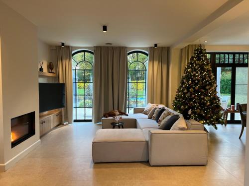 a living room with a christmas tree and a couch at Het Herenhuis in Genk