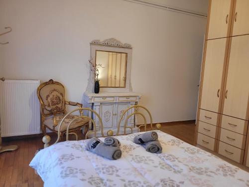 a bedroom with a bed with a dresser and a mirror at City Center Apartment in Arta