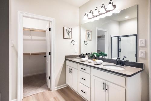 a bathroom with a sink and a mirror at Bayou Bengal Royal Stay-n-Tailgate by LSU - BC1025 in Baton Rouge