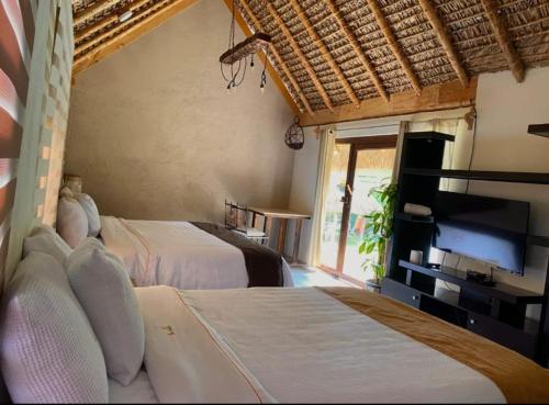 a bedroom with two beds and a flat screen tv at Hotel Villas Mariposas in Atlixco
