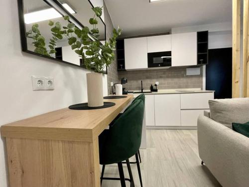 a kitchen with a wooden table and green chairs at La Suite de Anabel in Córdoba