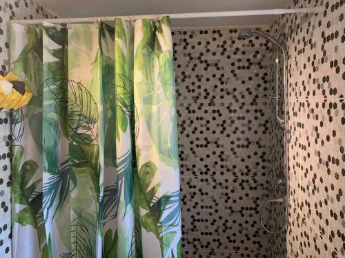 a shower curtain with a plant pattern in a bathroom at Story Villa 2 Bedrooms with Mountain & Ocean View in Canaries