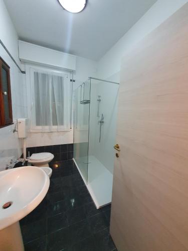 a bathroom with a shower and a sink and a toilet at Andrea affittacamere e B&B in Solignano Nuovo