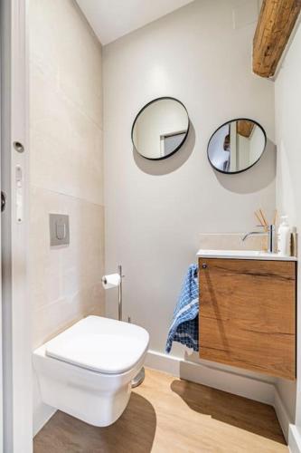 a bathroom with a white toilet and a mirror at Superbe Appartement Intramuros in Avignon