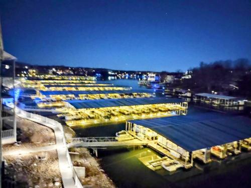an overhead view of a harbor at night at B Lakefront! Remodeled, Boat Slip, Patio Views, Pool, Boat Ramp, WIFI in Osage Beach