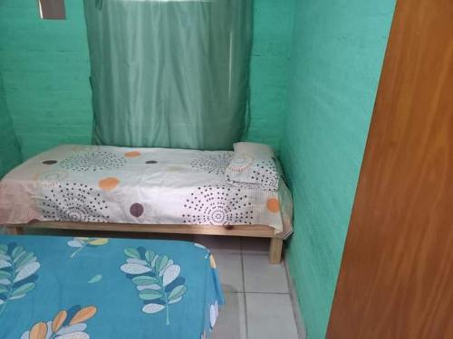 a small bed in a room with a green wall at ALQUILER TEMPORARIO LU-KA in Roque Sáenz Peña