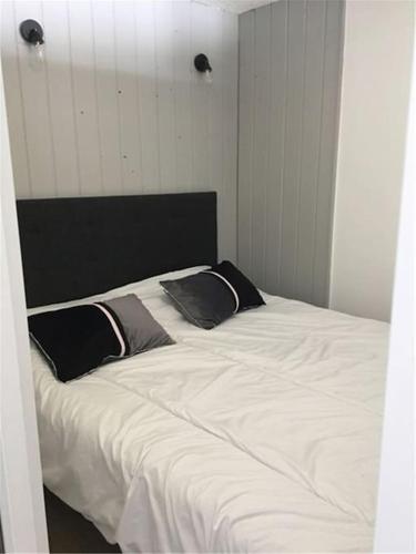 uma grande cama branca com duas almofadas em Appartement Vue Montagne em Val Louron