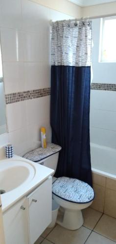 y baño con cortina de ducha azul y aseo. en Hospedaje Walgün, en La Serena