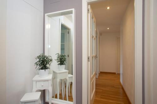 a hallway with a mirror and two potted plants at SingularStays Palacio de Congresos in Valencia