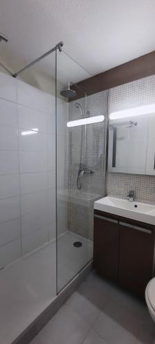 une salle de bain avec une douche en verre et un lavabo dans l'établissement Résidence Horizon Marin, à Sète