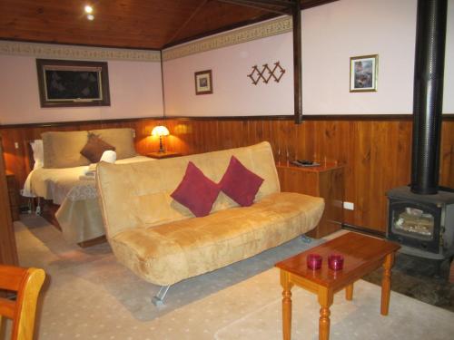 ein Wohnzimmer mit einem Sofa und einem Bett in der Unterkunft Willowlake Cottages in Howqua