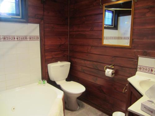 a bathroom with a toilet and a tub and a sink at Willowlake Cottages in Howqua