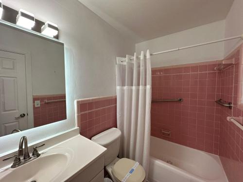 uma casa de banho com um lavatório, um WC e um espelho. em Sheridan Guesthouse em Dania Beach