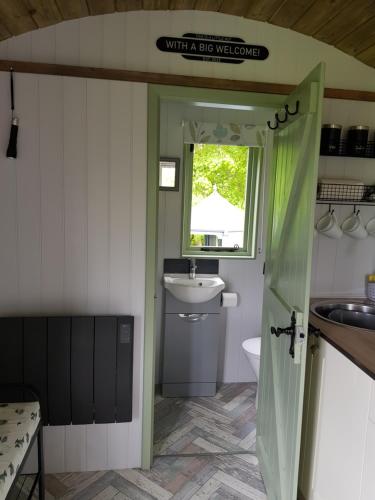 La salle de bains est pourvue d'un lavabo, de toilettes et d'une fenêtre. dans l'établissement Braeside Shepherd's Hut - Greenhead - Hadrian's Wall - Northumberland, à Greenhead