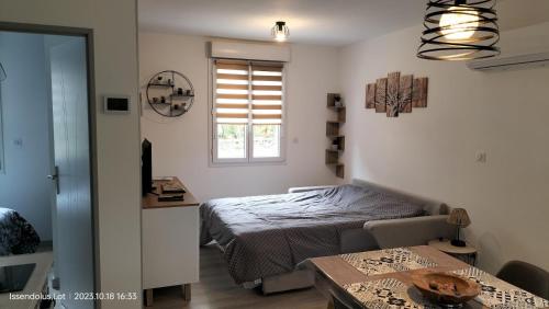 une chambre avec un lit, une table et une fenêtre dans l'établissement Studio de jardin Le Cabanon avec SPA, à Issendolus