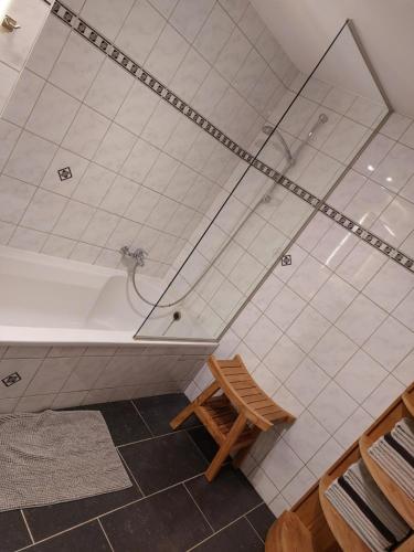 y baño con ducha con banco y bañera. en La Renaissance 1&2 high standing guest house, en Herve