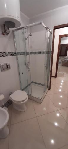 a bathroom with a glass shower and a toilet at Vila Kinostudio (Togu 2) in Tirana