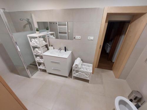 a bathroom with a sink and a mirror and a toilet at Chalupa Pod borovicí in Zděchov