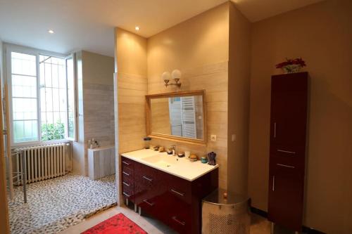 een badkamer met een wastafel en een spiegel bij Ancien presbytere au coeur du village in Mauvezin