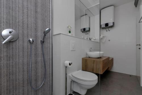 a bathroom with a shower and a toilet and a sink at Family & Child friendly Villa Violet with Salt water pool in Makarska