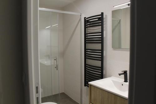 een badkamer met een douche, een toilet en een wastafel bij Bienvenue chez Ed in Villeurbanne
