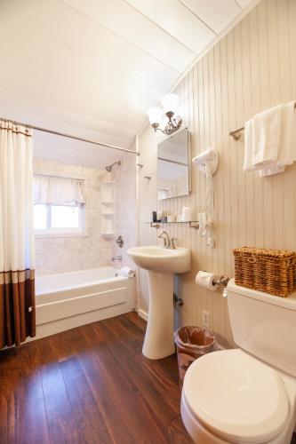 a bathroom with a toilet and a sink and a tub at Tahquitz Pines Retreat in Idyllwild