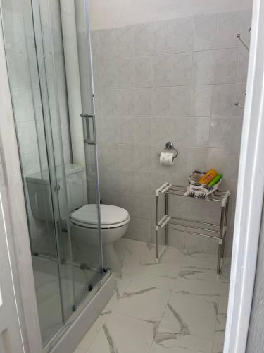 a bathroom with a toilet and a glass shower at Residence wendy 