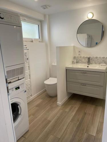 une salle de bain avec un lavabo et une machine à laver dans l'établissement Magnifique maison rénovée, 10pers, à Rencurel