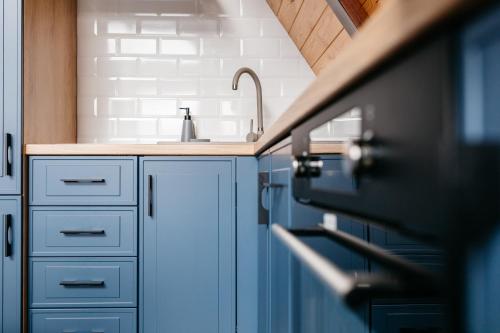 kuchnia z niebieskimi szafkami i zlewem w obiekcie KARL's Cabin by Black & White Panoramic w mieście Rimetea