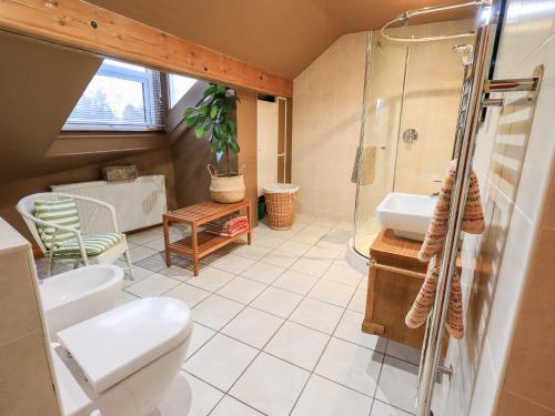 a bathroom with a shower and a toilet and a sink at The Bowery in Ambleside