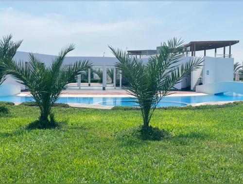 two palm trees in the grass near a swimming pool at Departamento Paracas vista al mar in Paracas