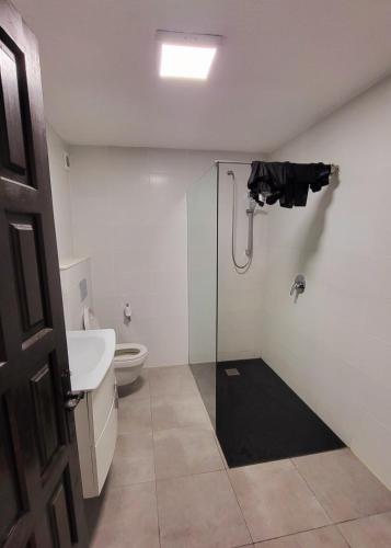 a bathroom with a shower and a sink and a toilet at La Casa d'Anna in Pals