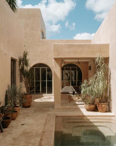 a house with a swimming pool and potted plants at Villa Petit Comité in Mérida
