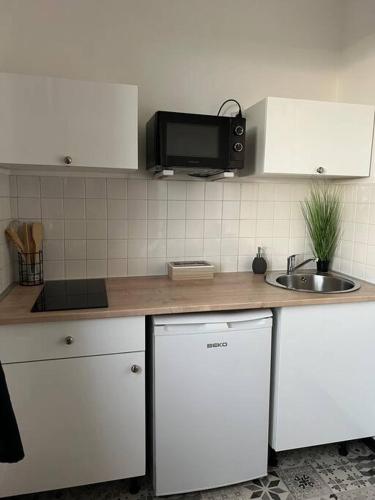 une cuisine avec un comptoir avec un évier et un micro-ondes dans l'établissement Charmant T1, parking privé, proche gare, à Moulins