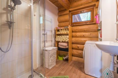 uma casa de banho com um chuveiro e um lavatório. em Srub pod lesíkem 