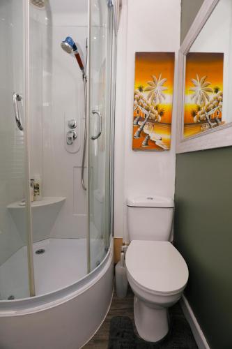 a bathroom with a shower and a toilet and a sink at Harmony Haven - Serenity Suite in Nottingham