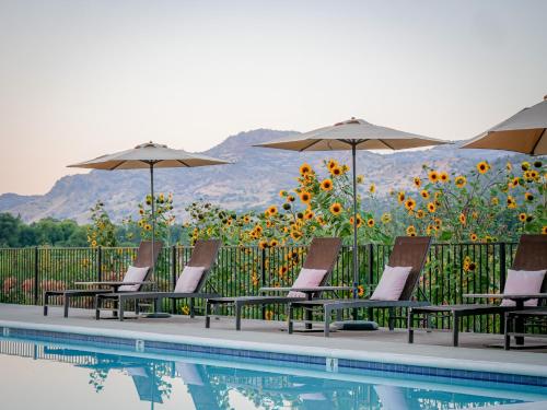 a group of chairs and umbrellas next to a pool at Bann at Oak Knoll Napa in Napa