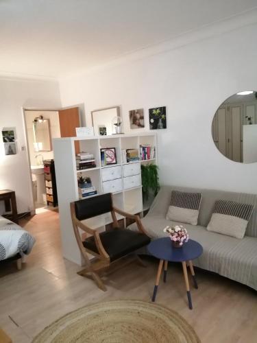 ein Wohnzimmer mit einem Sofa und einem Tisch in der Unterkunft Hébergement entier 20 m2 in Toulouse