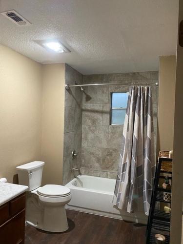 a bathroom with a toilet and a tub and a sink at Lambert Park on Medina River in Bandera
