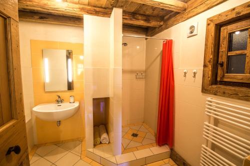 een badkamer met een wastafel en een douche bij Chalet Forest - Luxueuse ferme rénovée - 12 pers in La Rivière-Enverse